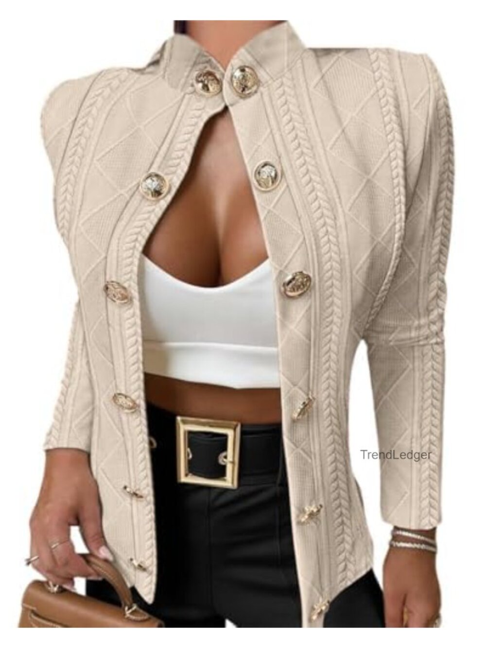 Argyle Cable Knit Cropped Jacket Casual Stand Collar Coat